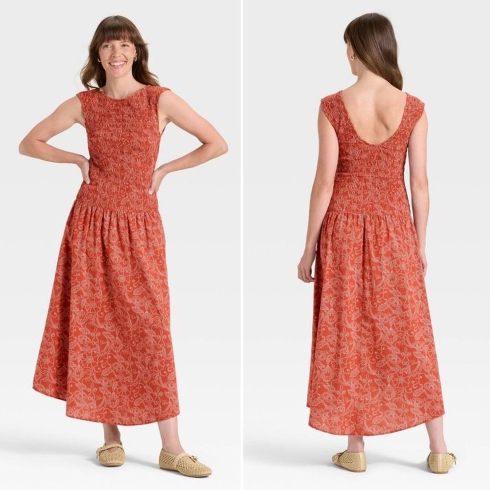 Universal Thread Sleeveless Smocked Midi A-line Dress In Rust Floral Size Large